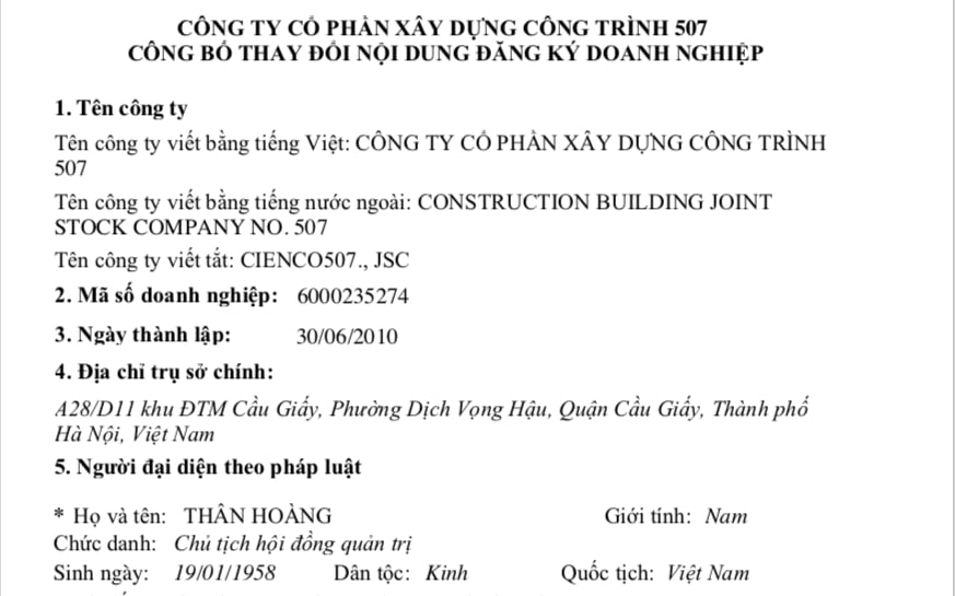 C&ocirc;ng ty cổ phần X&acirc;y dựng c&ocirc;ng tr&igrave;nh 507 được th&agrave;nh lập ng&agrave;y 30/6/2010.