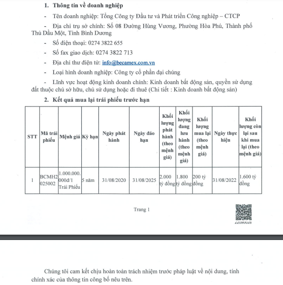 Kết quả mua lại tr&aacute;i phiếu trước hạn của Becamex (nguồn: HNX)