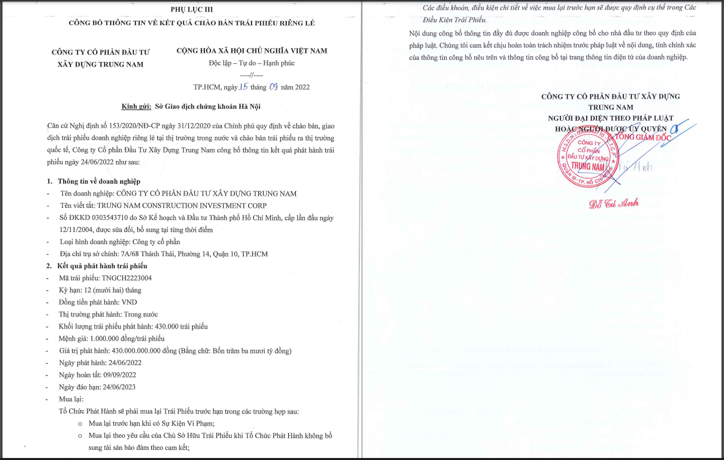 Th&ocirc;ng tin l&ocirc; tr&aacute;i phiếu 430 tỷ đồng của Trung Nam Group