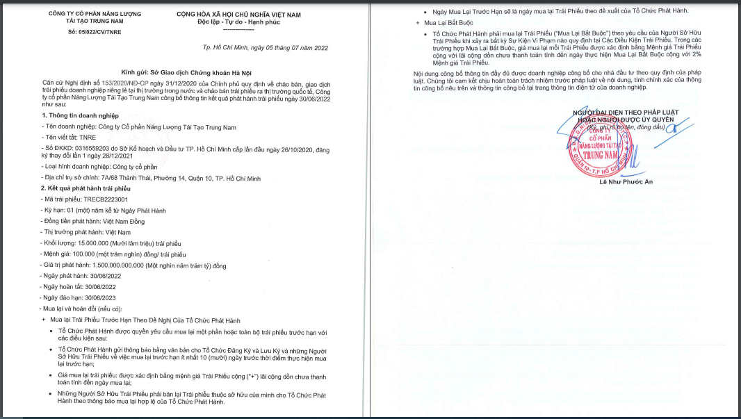 CTCP Năng lượng t&aacute;i tạo Trung Nam cũng huy động 1.500 tỷ tr&aacute;i phiếu trong năm nay