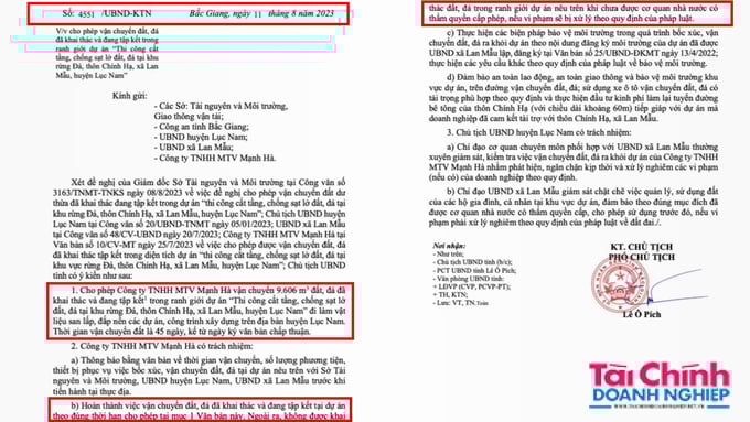 C&ocirc;ng ty Mạnh H&agrave; chỉ được ph&eacute;p vận chuyển đất, đ&aacute; đ&atilde; khai th&aacute;c, tập kết trong ranh giới dự &aacute;n cắt tầng từ trước v&agrave; đi l&agrave;m vật liệu san lấp, đắp nền c&aacute;c dự &aacute;n, c&ocirc;ng tr&igrave;nh x&acirc;y dựng tr&ecirc;n địa b&agrave;n huyện Lục Nam.