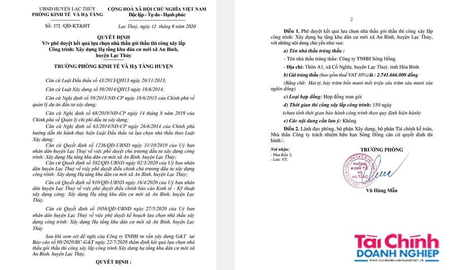 Thực tế, G&oacute;i thầu x&acirc;y lắp C&ocirc;ng tr&igrave;nh: X&acirc;y dựng Hạ tầng khu d&acirc;n cư mới x&atilde; An B&igrave;nh, huyện Lạc Thủy c&oacute; gi&aacute; thấp hơn gần 1,4 tỷ so với số liệu m&agrave; nh&agrave; thầu k&ecirc; khai.