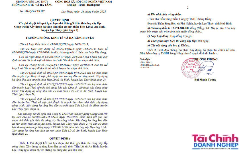 &Ocirc;ng B&ugrave;i Mạnh Tường k&yacute; quyết định ph&ecirc; duyệt kết quả lựa chọn nh&agrave; thầu cho C&ocirc;ng ty TNHH S&ocirc;ng Hồng tr&uacute;ng thầu.