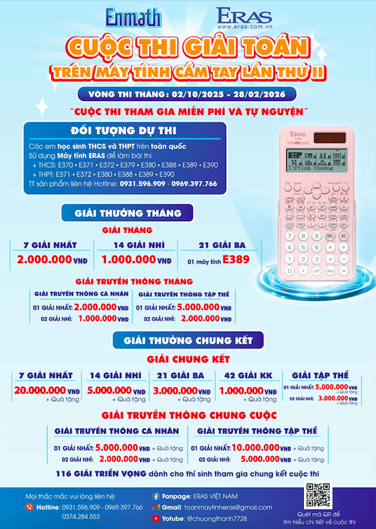 ERAS Việt Nam ph&#225;t động Cuộc thi “Giải to&#225;n bằng m&#225;y t&#237;nh cầm tay – Enmath” lần 2: S&#226;n chơi tr&#237; tuệ cho học sinh THCS v&#224; THPT to&#224;n quốc - Ảnh 1