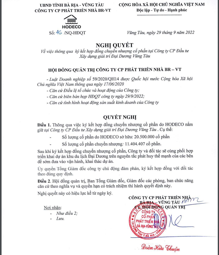 Hodeco sẽ chuyển nhượng hơn 11,4 triệu cổ phần tại C&ocirc;ng ty Cổ phần đầu tư x&acirc;y dựng v&agrave; giải tr&iacute; đại dương Vũng T&agrave;u.