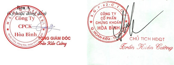 Mẫu dấu mạo danh c&oacute; chữ k&yacute; &ldquo;Tổng gi&aacute;m đốc Trần Ki&ecirc;n Cường&rdquo; v&agrave; d&ograve;ng chữ &ldquo;C&ocirc;ng ty CPCK H&ograve;a B&igrave;nh&rdquo; (b&ecirc;n tr&aacute;i). Mẫu dấu đ&atilde; được đăng k&yacute; của C&ocirc;ng ty Cổ phần chứng kho&aacute;n Ho&agrave; B&igrave;nh (b&ecirc;n phải).