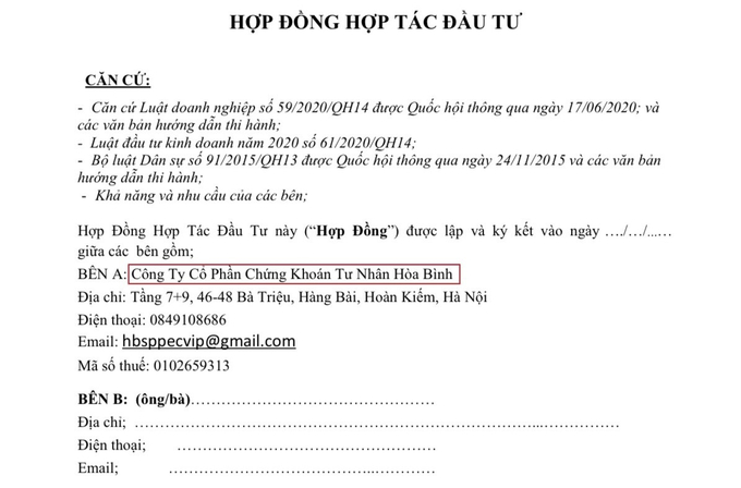 Hợp đồng cố t&igrave;nh mạo danh HBS bằng việc lập lờ ghi &ldquo;b&ecirc;n A&rdquo; l&agrave; &ldquo;C&ocirc;ng ty Cổ phần Chứng kho&aacute;n Tư nh&acirc;n H&ograve;a B&igrave;nh&rdquo;.