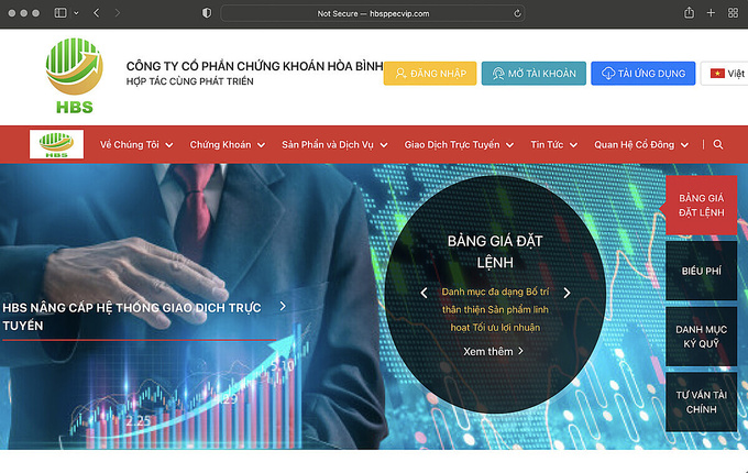 Ảnh chụp m&agrave;n h&igrave;nh website http://www.hbsppecvip.com/home tự đặt t&ecirc;n l&agrave; C&ocirc;ng ty Cổ phần Chứng kho&aacute;n Ho&agrave; B&igrave;nh.