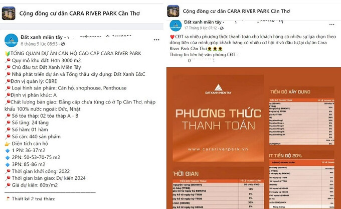 Dự &aacute;n Cara River Park do C&ocirc;ng ty Cổ phần Dịch vụ v&agrave; Đầu tư Đất Xanh miền T&acirc;y l&agrave;m chủ đầu tư được quảng c&aacute;o tr&ecirc;n nhiều trang mạng x&atilde; hội.