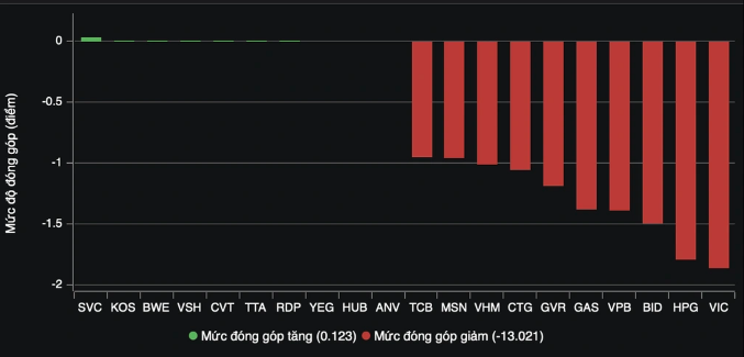 10 cổ phiếu lớn giảm gi&aacute; đ&atilde; lấy đi của VN-Index tới 13 điểm. Nguồn: VNDS