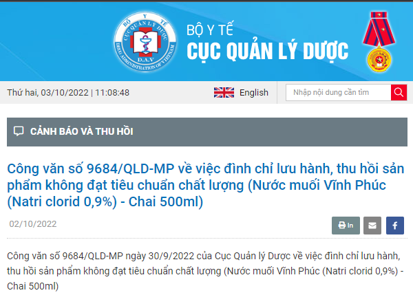 Cảnh báo: Nhiều sản phẩm Nước muối Vĩnh Phúc không đảm bảo chất lượng - Ảnh 1
