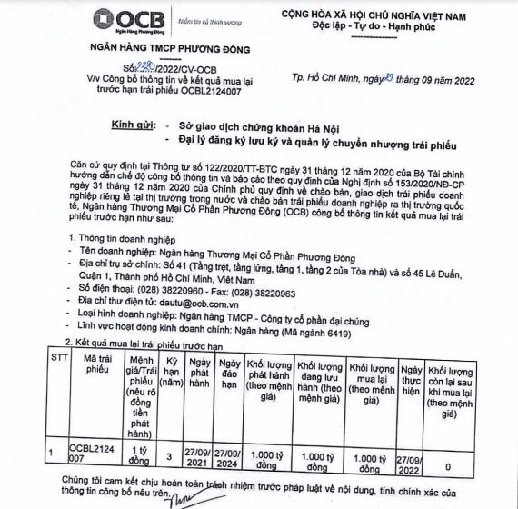 Kết quả mua lại tr&aacute;i phiếu trước hạn tại ng&acirc;n h&agrave;ng OCB (nguồn: HNX)