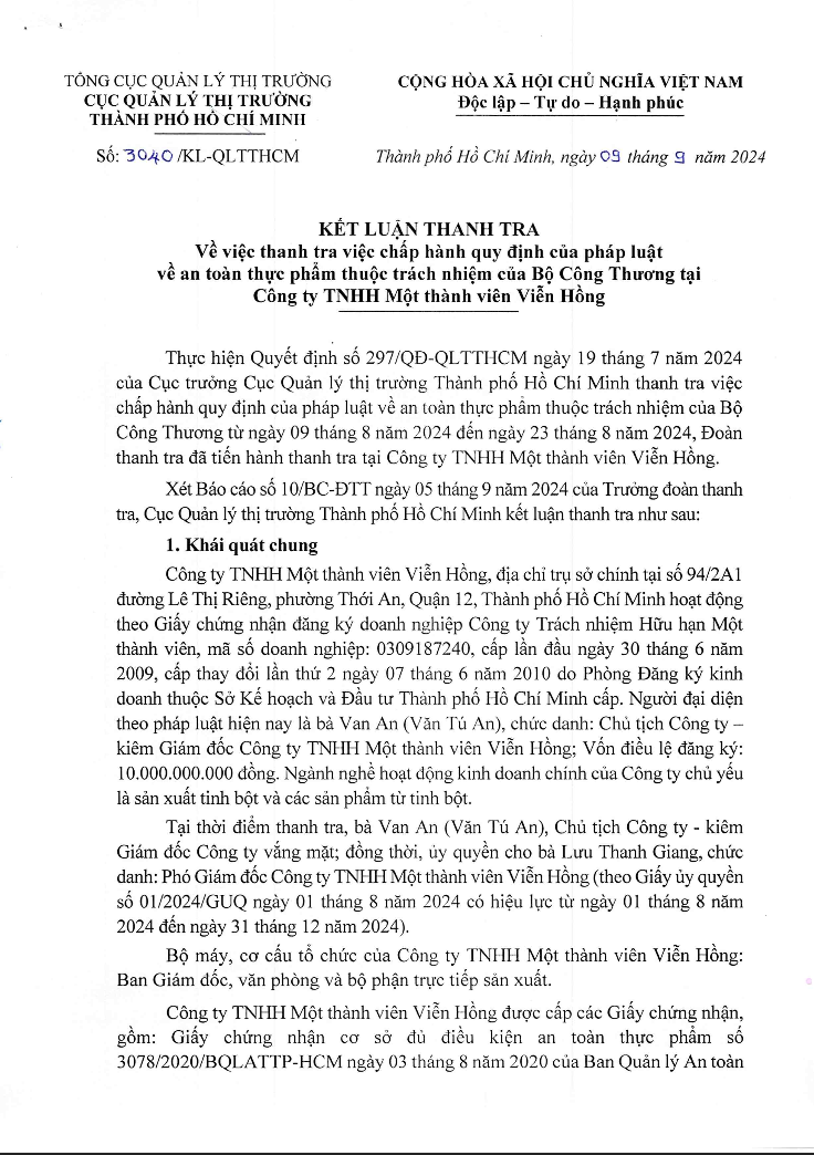 Kết luận thanh tra đối với C&ocirc;ng ty TNHH Một th&agrave;nh vi&ecirc;n Viễn Hồng.