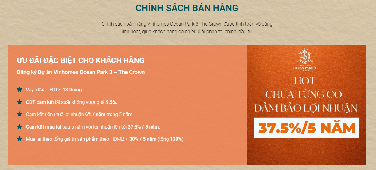 Ch&iacute;nh s&aacute;ch b&aacute;n h&agrave;ng Vinhomes Ocean Park &ndash; The Crown được giới thiệu tr&ecirc;n thị trường.