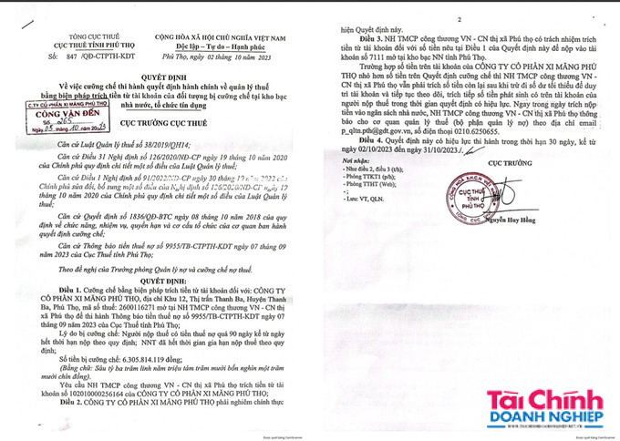 Xi măng Ph&#250; Thọ bị cưỡng chế thuế hơn 6,3 tỷ đồng - Ảnh 1