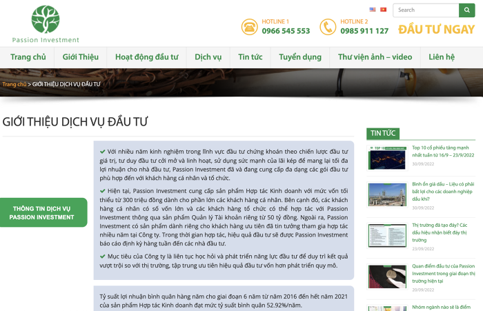 Dịch vụ đầu tư được giới thiệu tr&ecirc;n website của Passion Investment. Ảnh chụp m&agrave;n h&igrave;nh.