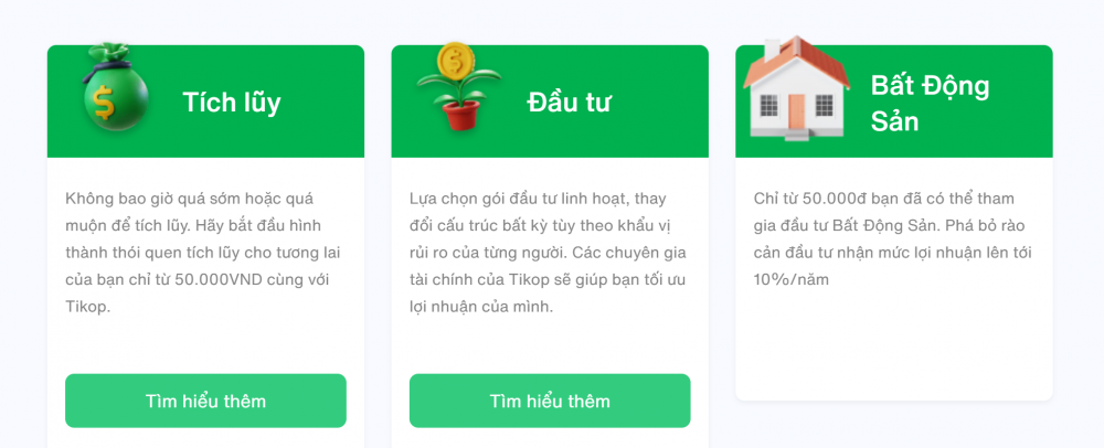 C&aacute;c sản phẩm đầu tư của Tikop được c&ocirc;ng ty quảng b&aacute; tr&ecirc;n trang web (Ảnh chụp m&agrave;n h&igrave;nh)