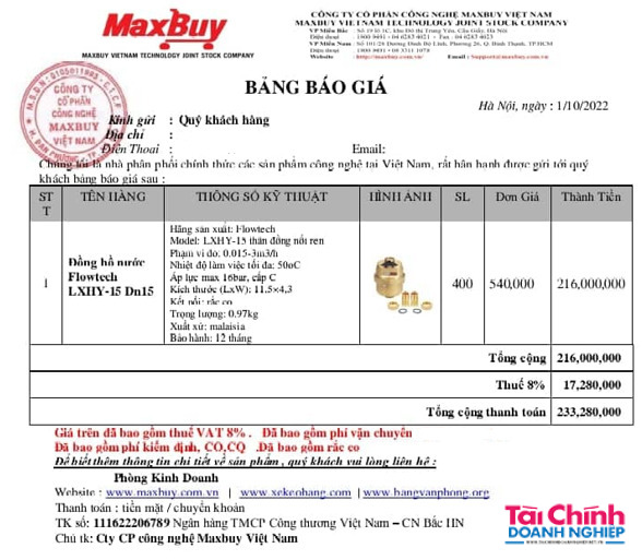 Bảng b&aacute;o gi&aacute; tham khảo từ nh&agrave; cung cấp.