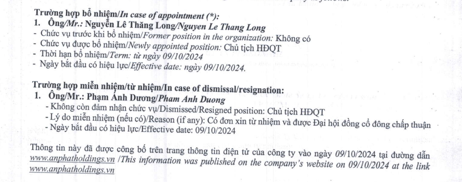 Th&ocirc;ng b&aacute;o thay đổi nh&acirc;n sự của An Ph&aacute;t Holdings