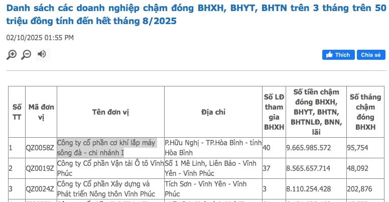 C&ocirc;ng ty cổ phần Cơ kh&iacute; lắp m&aacute;y S&ocirc;ng Đ&agrave; &ndash; Chi nh&aacute;nh I bị "b&ecirc;u t&ecirc;n" chậm đ&oacute;ng BHXH.&nbsp;