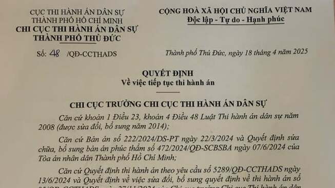 Một phần quyết định thi h&agrave;nh &aacute;n của Chi cục thi h&agrave;nh &aacute;n d&acirc;n sự Tp. Thủ Đức (cũ) buộc &ocirc;ng Huỳnh Tấn Gia Thạnh trả nợ số tiền hơn 33,4 tỷ đồng