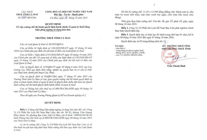 Quyết định cưỡng chế đối với C&ocirc;ng ty Cổ phần Du lịch Hồ Nam Bạc Li&ecirc;u.