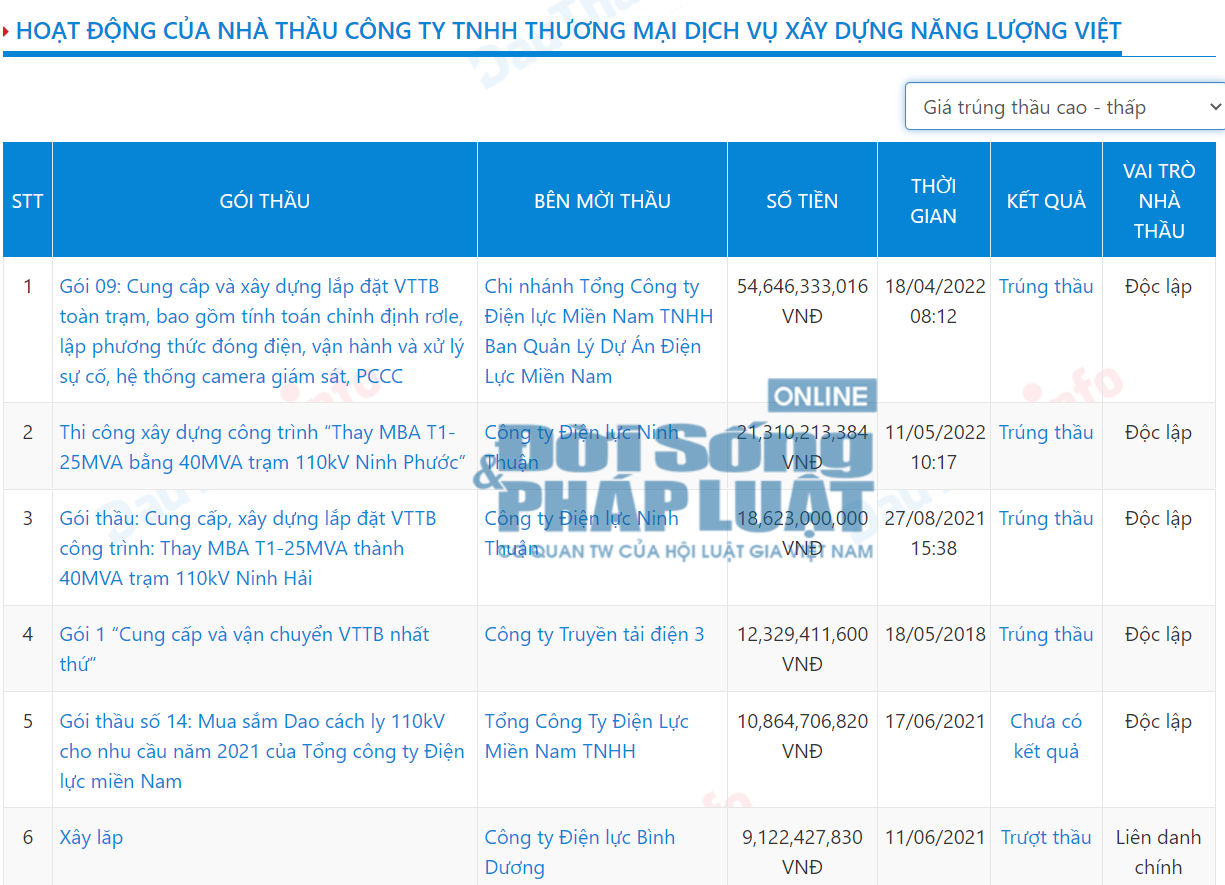 Một số g&oacute;i thầu m&agrave; c&ocirc;ng ty Năng Lượng Việt tham gia c&oacute; gi&aacute; trị từ cao xuống thấp. Ảnh chụp m&agrave;n h&igrave;nh.