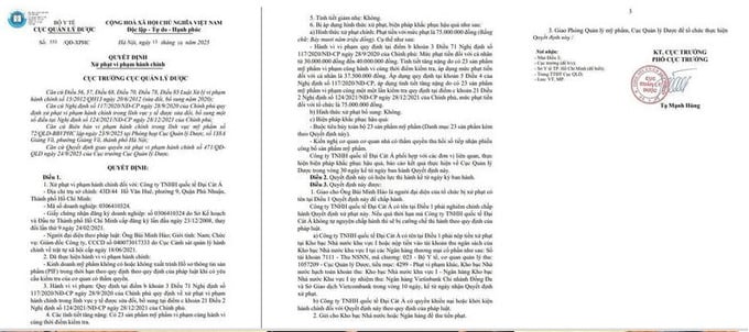 C&ocirc;ng ty TNHH Quốc tế Đại C&aacute;t &Aacute; bị xử phạt h&agrave;nh ch&iacute;nh theo Quyết định số 553/QĐ-XPHC.