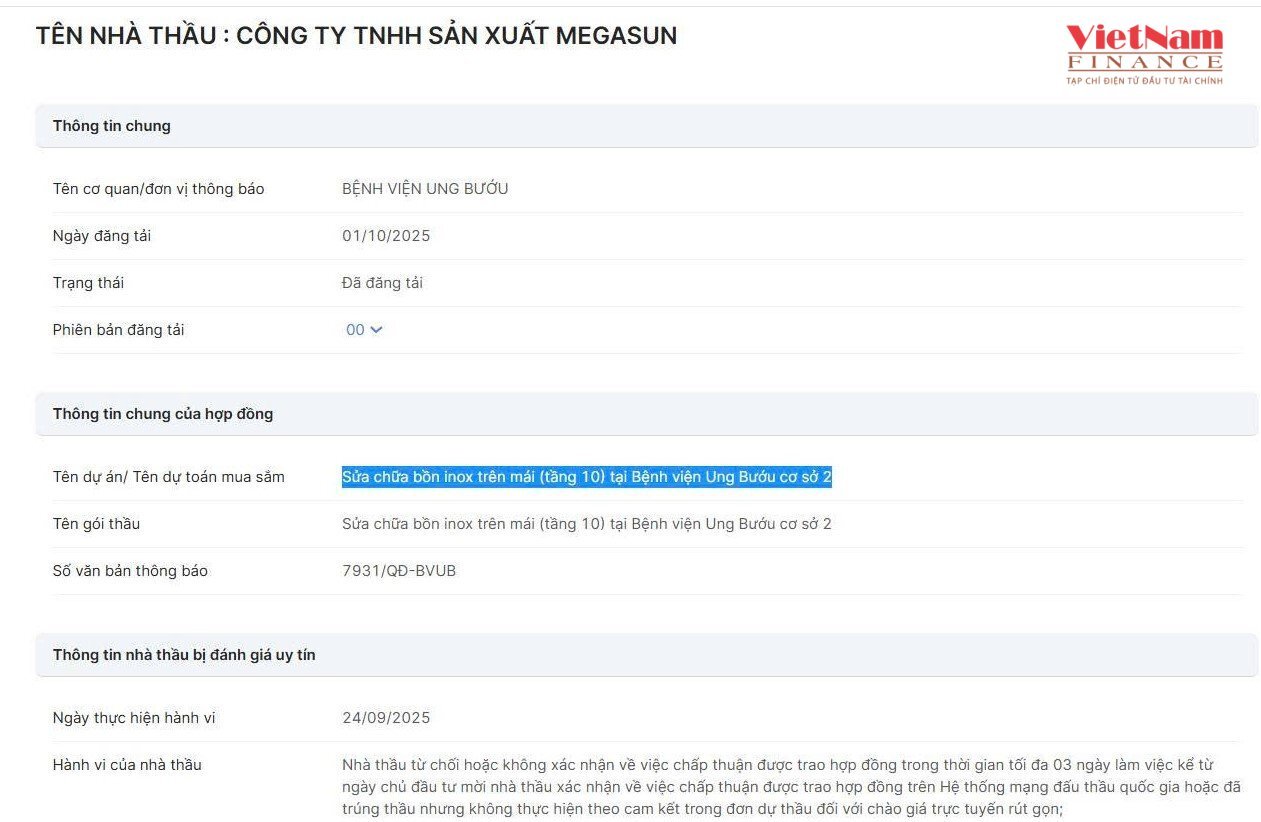 Megasun bị Bệnh viện Ung Bướu c&ocirc;ng khai vi phạm quy định đấu thầu, bị kh&oacute;a chức năng ch&agrave;o gi&aacute; trực tuyến trong 6 th&aacute;ng.