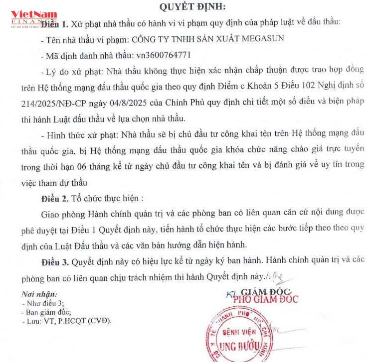 Quyết định xử phạt đối với&nbsp;C&ocirc;ng ty TNHH Sản xuất Megasun.