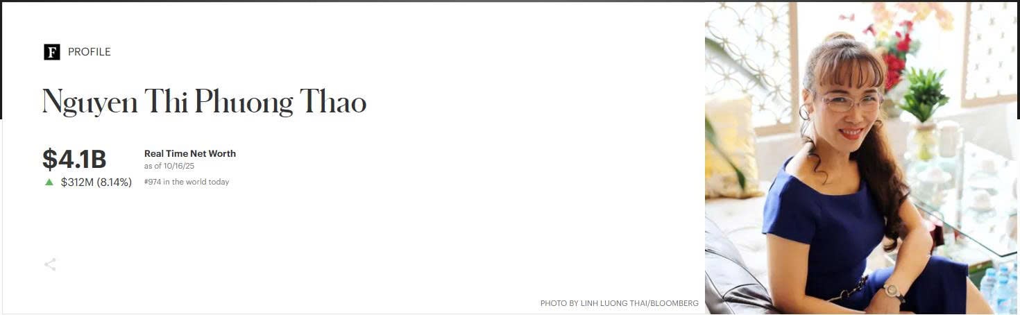 Tỷ ph&uacute; Nguyễn Thị Phương Thảo ch&iacute;nh thức g&oacute;p mặt trong danh s&aacute;ch 1.000 người gi&agrave;u nhất h&agrave;nh tinh.