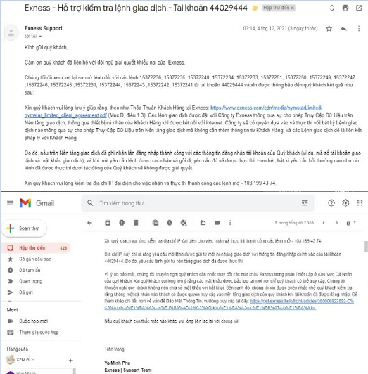 Th&ocirc;ng b&aacute;o của s&agrave;n Exness cho rằng IP 103.199.43.74 đ&atilde; đăng nhập v&agrave; thực hiện c&aacute;c lệnh lạ.&nbsp;