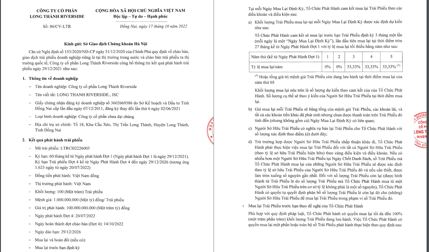 Th&ocirc;ng tin ph&aacute;t h&agrave;nh l&ocirc; tr&aacute;i phiếu 100 tỷ đồng của Long Th&agrave;nh Riverside