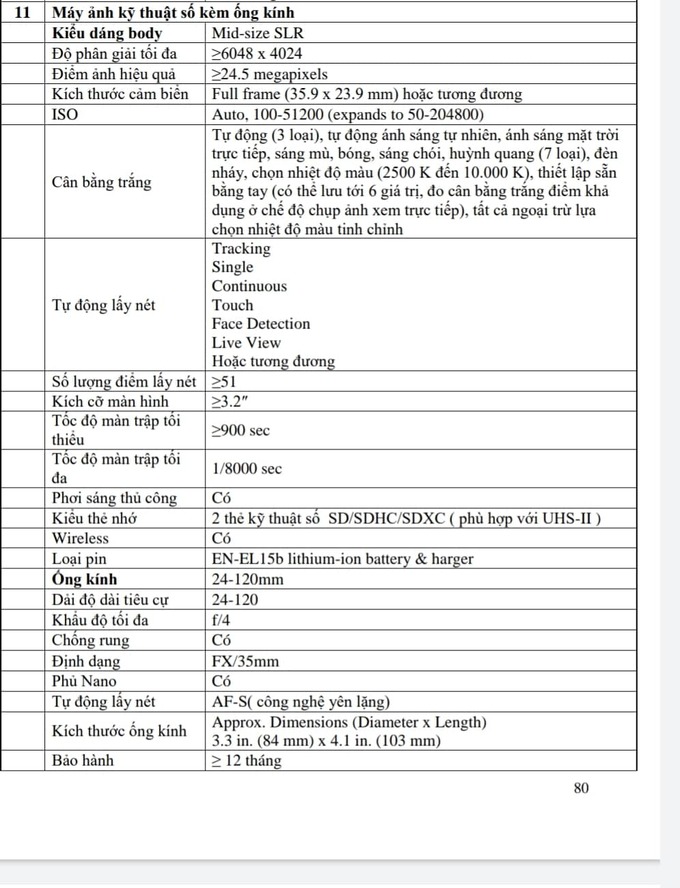 Y&ecirc;u cầu kỹ thuật trong HSMT đối với M&aacute;y ảnh kỹ thuật số k&egrave;m ống k&iacute;nh