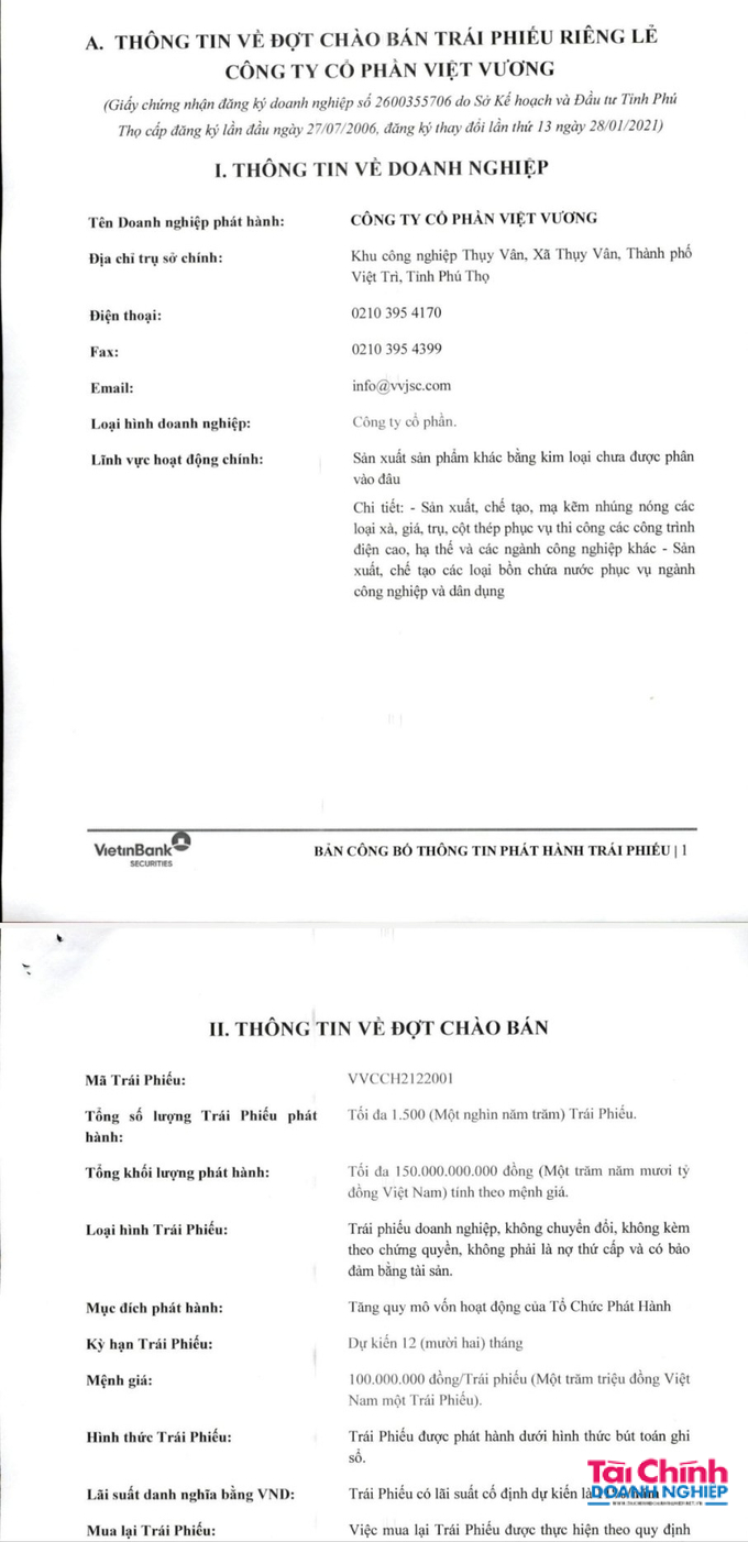 Th&ocirc;ng tin ph&aacute;t h&agrave;nh tr&aacute;i phiếu doanh nghiệp của C&ocirc;ng ty Việt Vương.