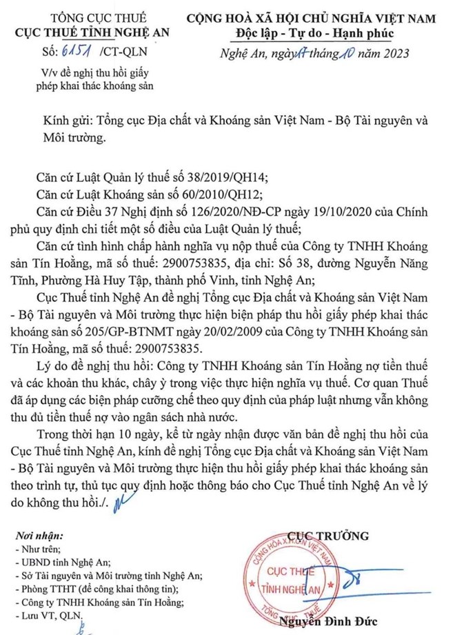 Nợ thuế kéo dài, Công ty Khoáng sản Tín Hoằng bị đề nghị thu hồi giấy phép - Ảnh 1