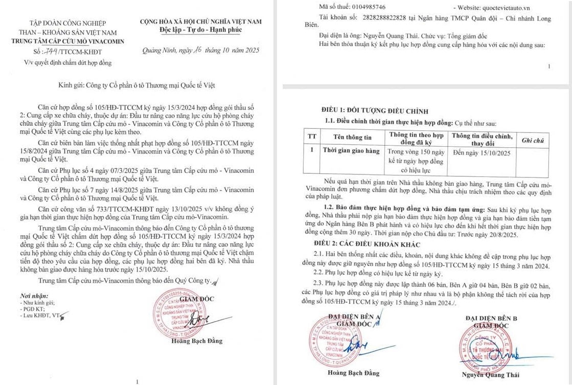 G&oacute;i thầu &ldquo;bốc kh&oacute;i&rdquo;, Vinacomin chấm dứt hợp đồng với nh&agrave; thầu v&igrave; chậm tiến độ b&agrave;n giao xe chữa ch&aacute;y.