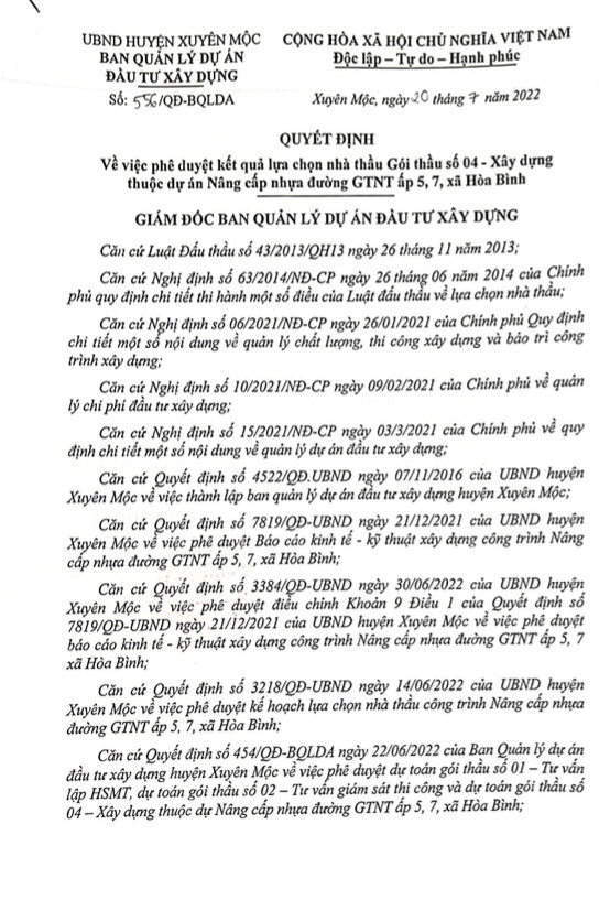 Quyết định số 556/QĐ-BQLDA về việc ph&ecirc; duyệt kết quả lựa chọn nh&agrave; thầu g&oacute;i thầu G&oacute;i thầu số 04 - X&acirc;y dựng thuộc dự &aacute;n N&acirc;ng cấp nhựa đường GTNT ấp 5, 7, x&atilde; Ho&agrave; B&igrave;nh