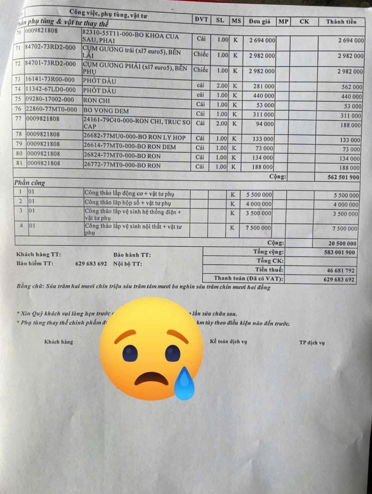 Trong ảnh l&agrave; tổng chi ph&iacute; sửa chữa của chiếc xe Suzuki XL7 bị ngập tại Th&aacute;i Nguy&ecirc;n gần 630 triệu đồng.