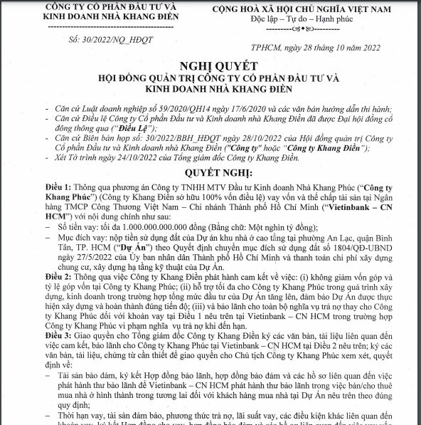 Nghị quyết HĐQT KDH th&ocirc;ng qua việc bảo l&atilde;nh cho Nh&agrave; Khang Ph&uacute;c vay tối đa 1.000 tỷ đồng.