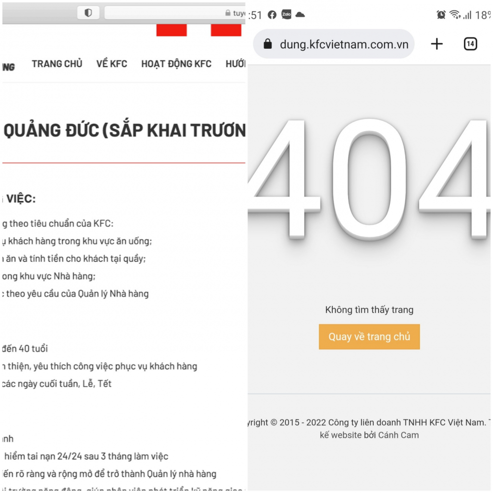 Th&ocirc;ng tin tuyển dụng tại "KFC Th&iacute;ch Quảng Đức" đ&atilde; bị gỡ bỏ.&nbsp;