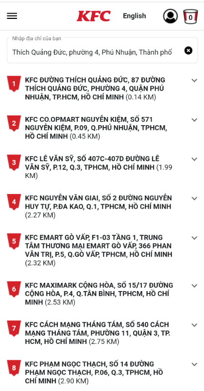 Hiện c&aacute;c trang b&aacute;n h&agrave;ng trực tuyến của KFC đ&atilde; cập nhật t&ecirc;n gọc trước th&agrave;nh "KFC đường Th&iacute;ch Quảng Đức".