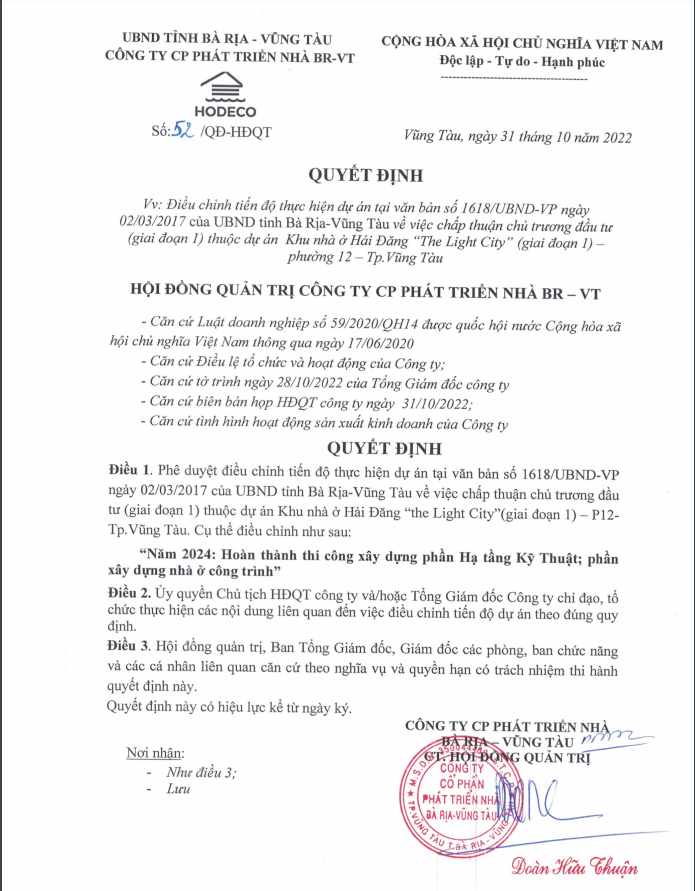 Quyết định điều chỉnh tiến độ dự &aacute;n The Light City của Hodeco.