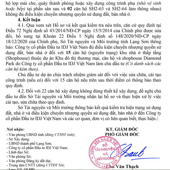 Theo&nbsp;th&ocirc;ng b&aacute;o số 261/TB-STNMT ng&agrave;y 25/10/2022 nhiều căn hộ x&acirc;y dựng kh&ocirc;ng đ&uacute;ng thiết kế được duyệt, kh&ocirc;ng đủ điều kiện chuyển nhượng quyền sử dụng đất, b&aacute;n nh&agrave; ở.&nbsp;