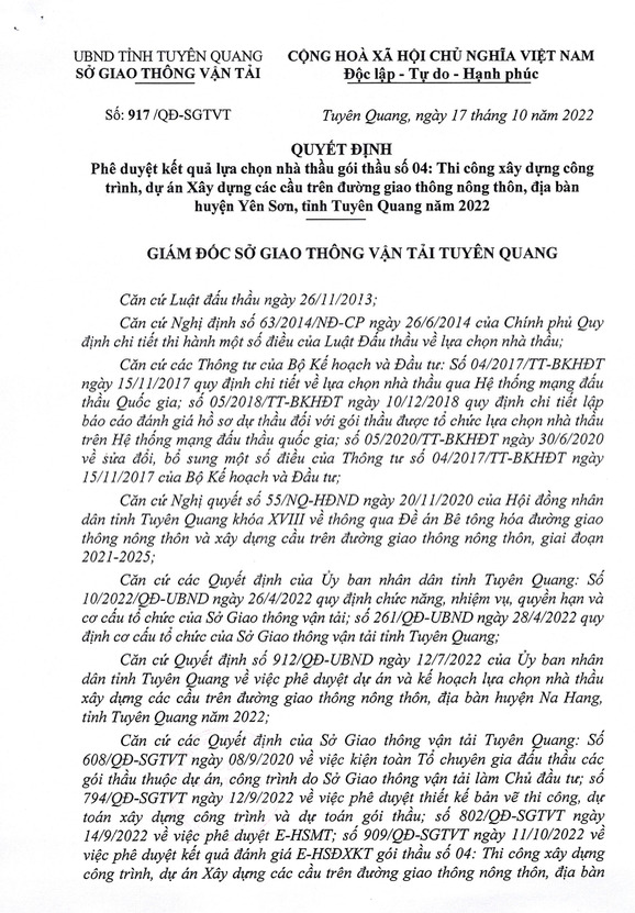 Quyết định ph&ecirc; duyệt kết quả lựa chọn nh&agrave; thầu g&oacute;i thầu số 4: Thi c&ocirc;ng x&acirc;y dựng c&ocirc;ng tr&igrave;nh, dự &aacute;n X&acirc;y dựng c&aacute;c cầu tr&ecirc;n đường giao th&ocirc;ng n&ocirc;ng th&ocirc;n, tr&ecirc;n địa b&agrave;n huyện Y&ecirc;n Sơn, tỉnh Tuy&ecirc;n Quang năm 2022