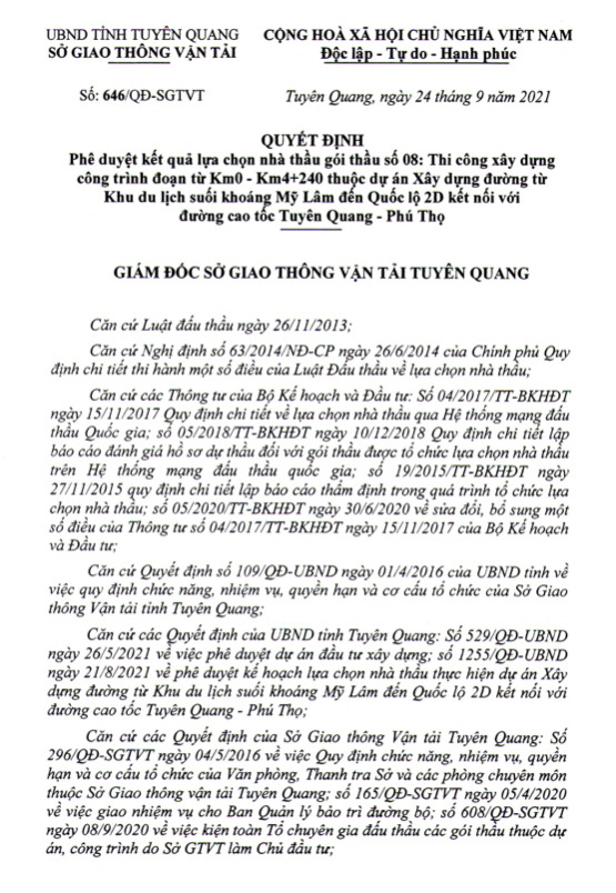 Quyết định ph&ecirc; duyệt kết quả lựa chọn nh&agrave; thầu g&oacute;i thầu số 08: Thi c&ocirc;ng x&acirc;y dựng cồng tr&igrave;nh đoạn từ KmO - Km4+240 thuộc dự &aacute;n X&acirc;y dựng đường từ Khu du lịch suối kho&aacute;ng Mỹ L&acirc;m đến Quốc lộ 2D kết nối với đường cao tốc Tuy&ecirc;n Quang - Ph&uacute; Thọ.