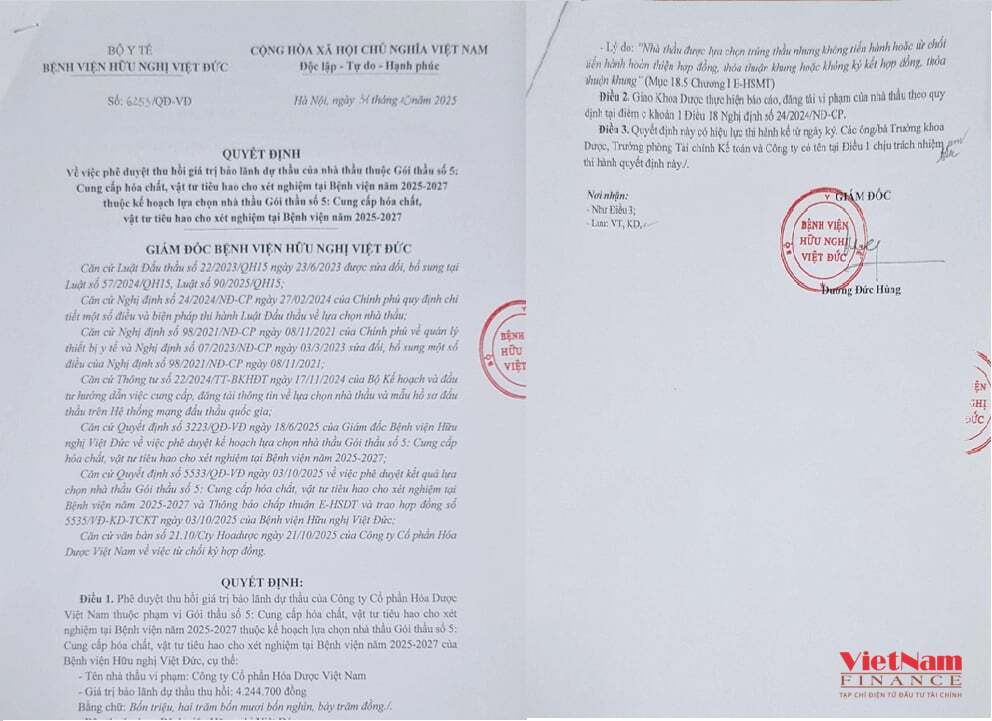 Quyết định của Bệnh viện Hữu nghị Việt Đức về việc hủy kết quả lựa chọn nh&agrave; thầu v&agrave; c&ocirc;ng khai th&ocirc;ng tin C&ocirc;ng ty cổ phần H&oacute;a dược Việt Nam kh&ocirc;ng đảm bảo uy t&iacute;n khi tham gia dự thầu.