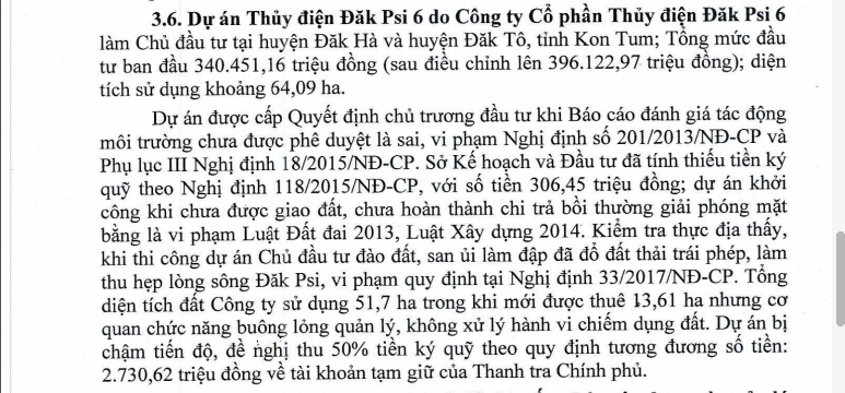 Sai phạm tại Dự &aacute;n Thủy điện Đăk Psi 6 được TTCP chỉ ra