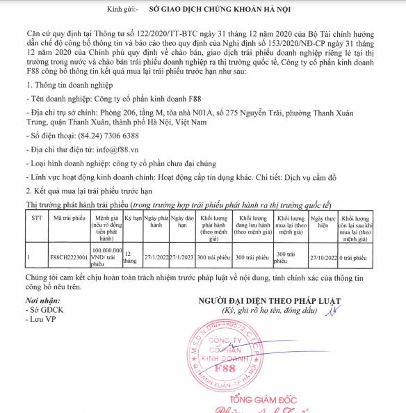 Kết quả mua lại trước hạn hai l&ocirc; tr&aacute;i phiếu của F88 (nguồn: HNX)