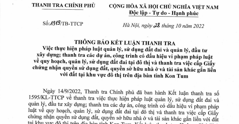 Thanh tra Ch&#237;nh phủ kết luận nhiều vi phạm trong quản l&#253; đất đai h&#224;ng loạt dự &#225;n tại tỉnh Kon Tum - Ảnh 1